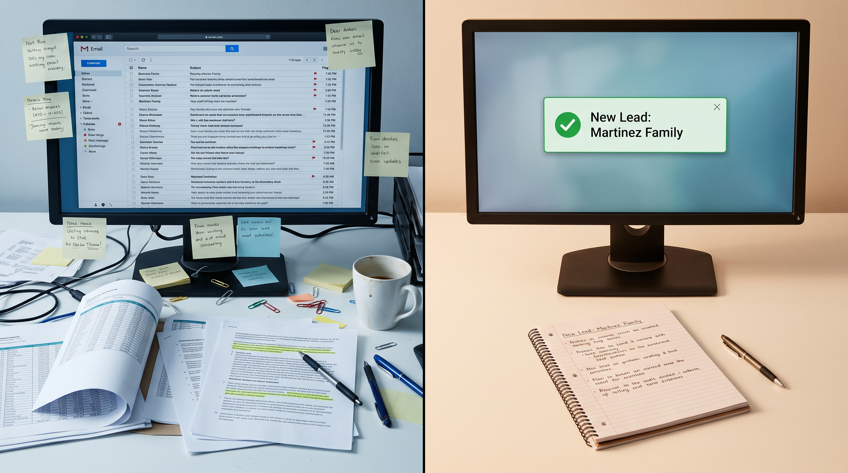 Split comparison of a cluttered manual workflow desk versus a clean automated workspace