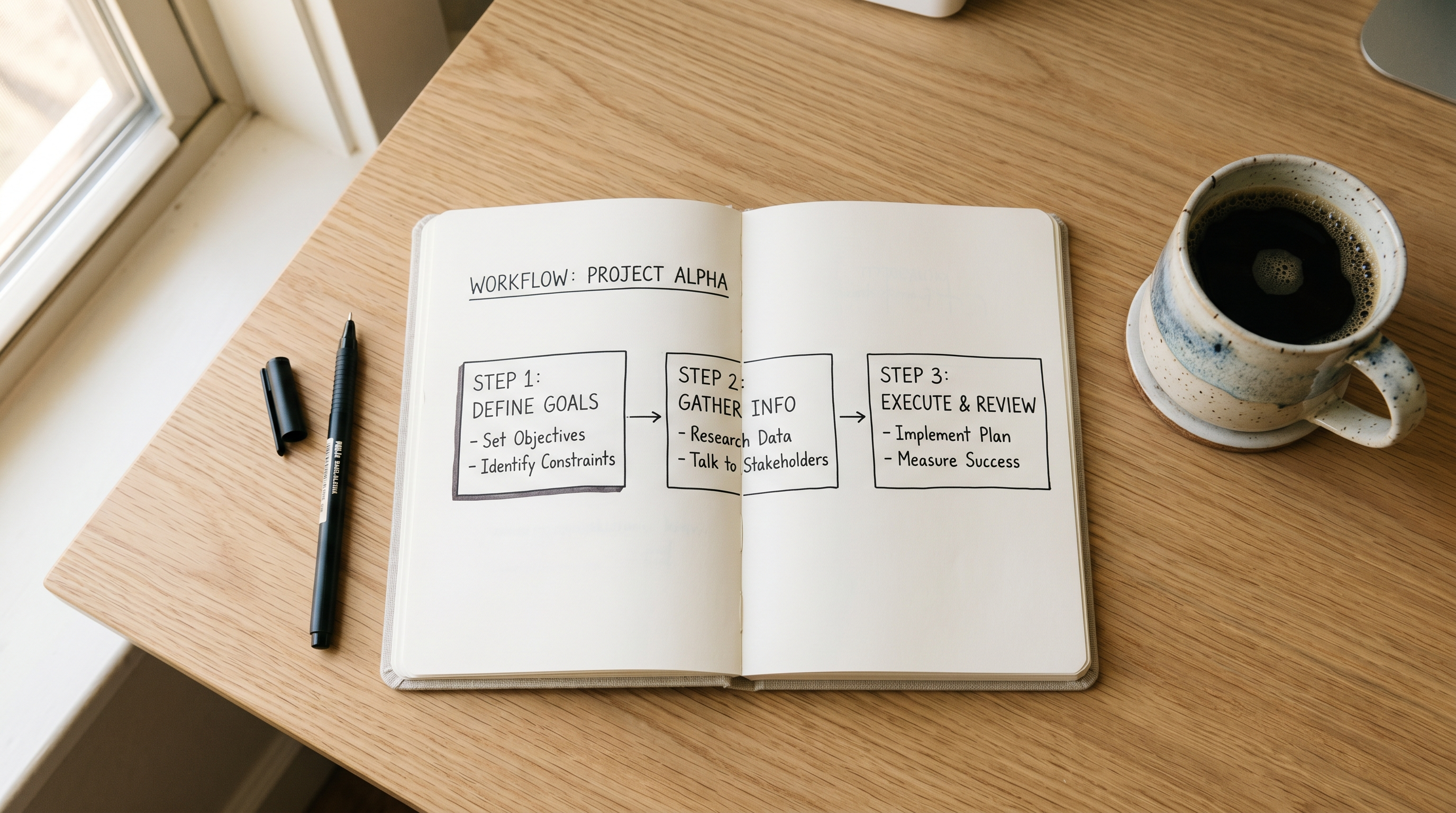 Overhead view of a hand-drawn workflow diagram on a notebook beside a coffee mug